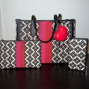 kate spade flower jacquard medium tote, slim bifold wallet & wristlet.